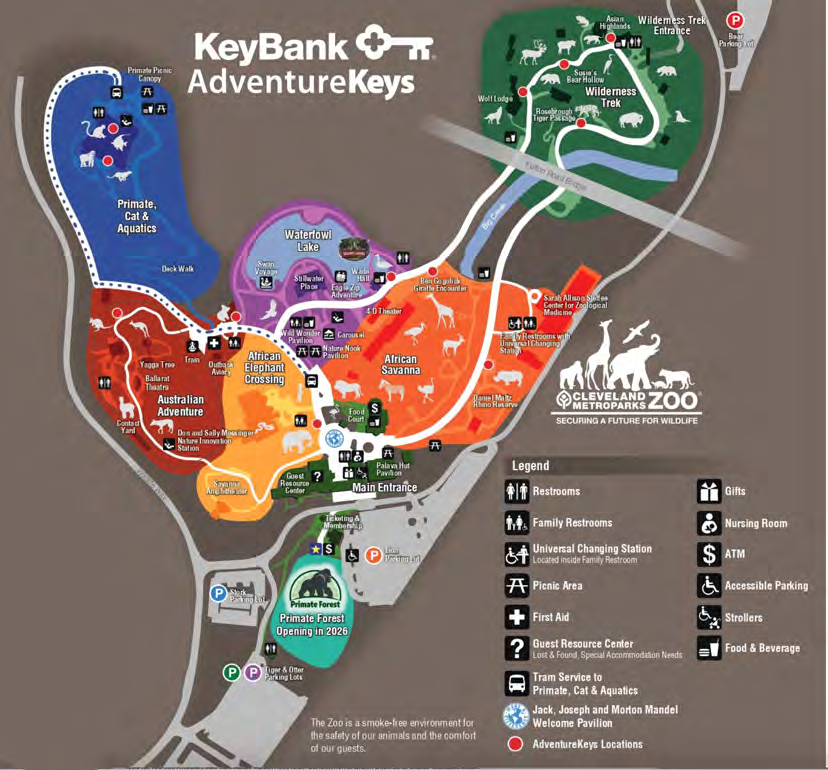 Cleveland Metroparks Zoo map with parking and tram route